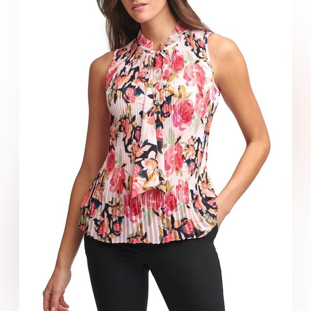 DKNY Floral-Print Pleated Tie-Neck Blouse in White and Pink, Small, Brand new